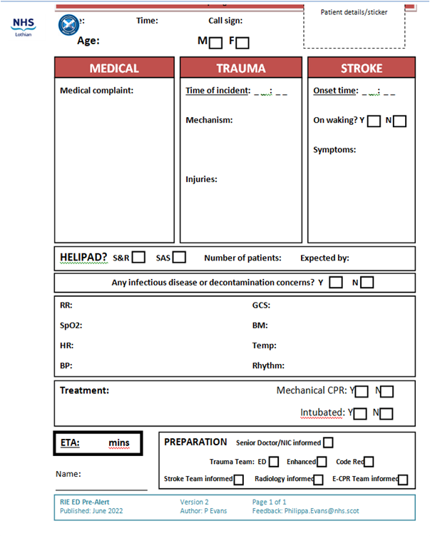 Handover sheet